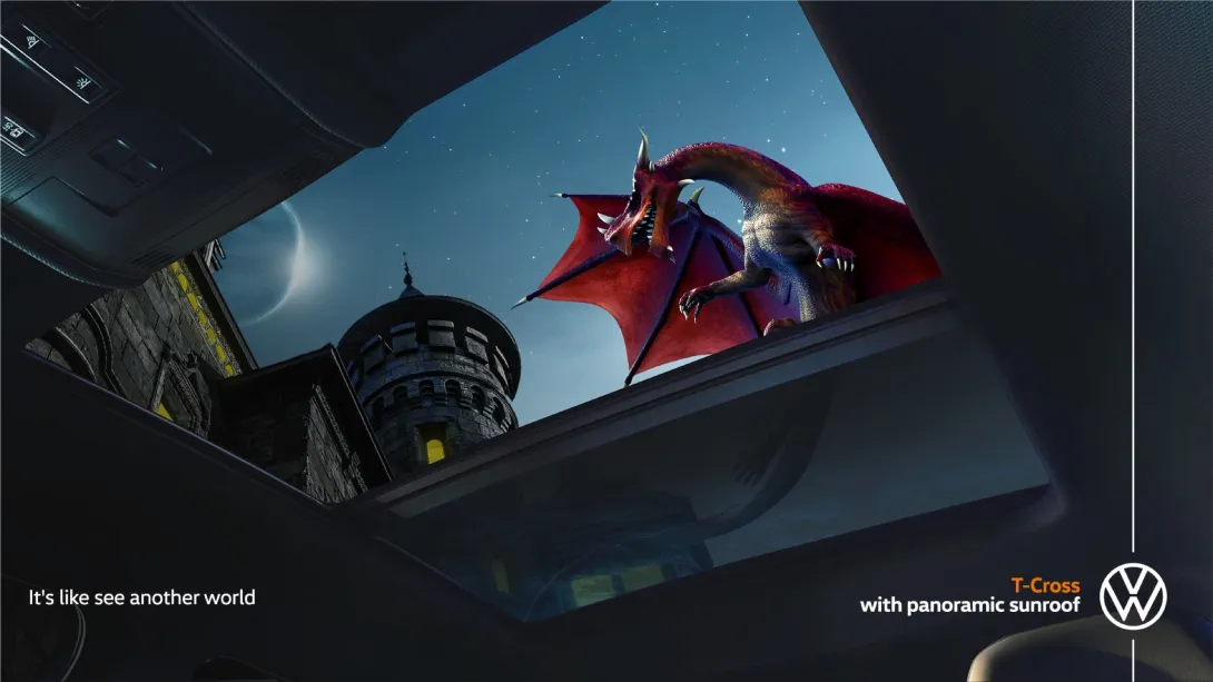 Volkswagen advert for T-Cross with a panoramic sunroof